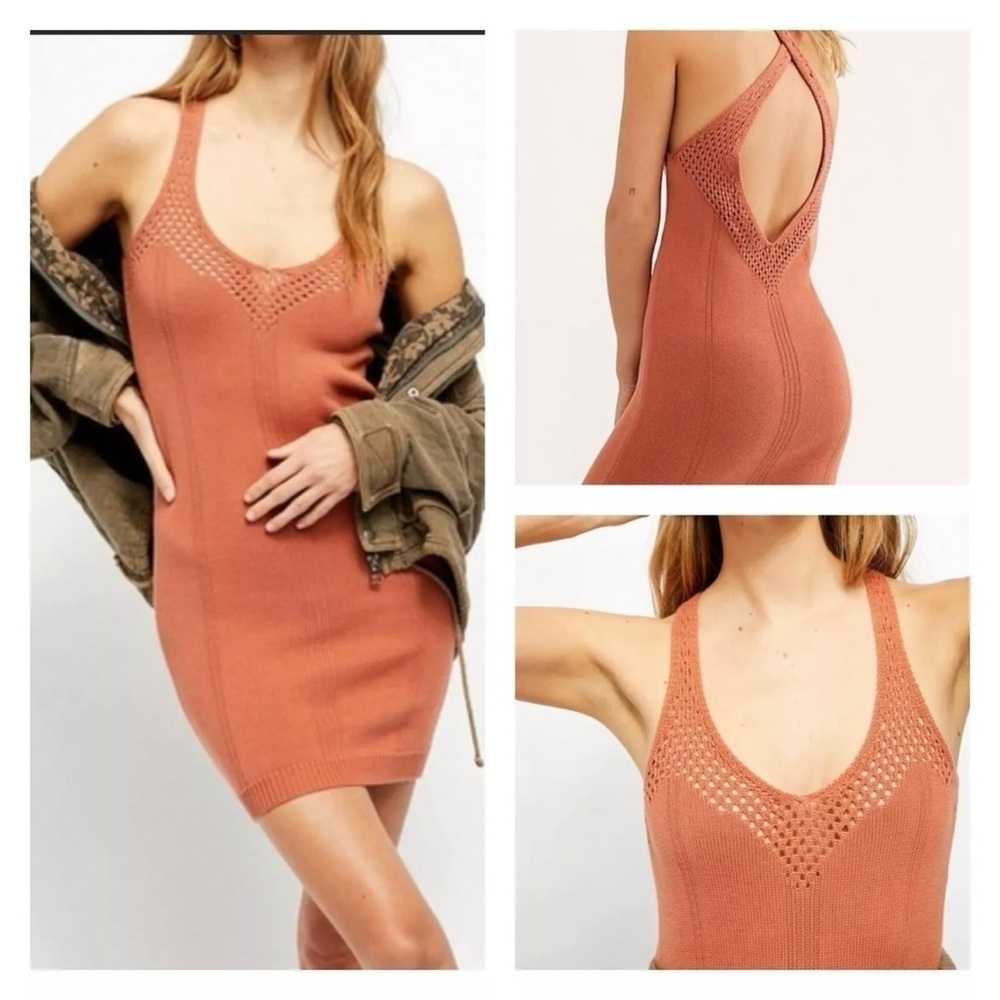 Free People Knockout Swit Slip Burnt Orange Crochet Open Back Knit Dress Sz L